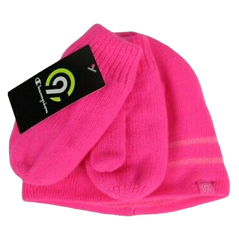 3 Piece Champion Kids Matching Set Girls Beanie Mittens Knit Outdoor Winter Snow